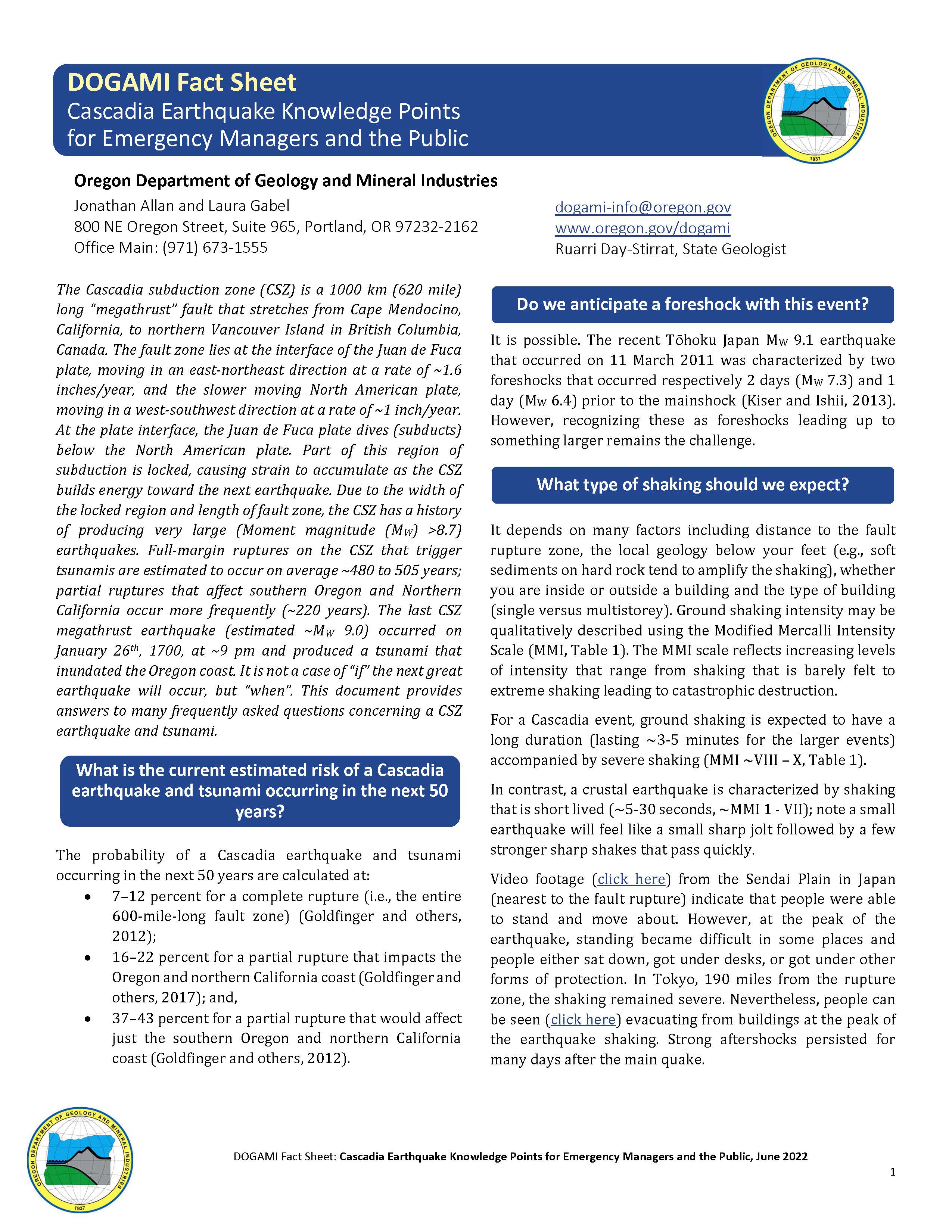 Cascadia Earthquake Knowledge Points for Emergency Managers and the Public fact sheet