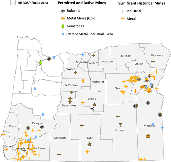 O-16-01, Figure 1, Map of Oregon showing the 32 currently permitted and active metal and industrial mineral mines statewide, and the 133 most productive historical mines in the study area. Shading indicates the 22 counties evaluated in this study.