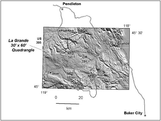 La Grande quadrangle in NE Oregon showing major roads