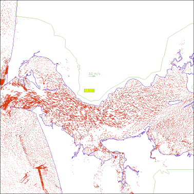 Still from animation of current vectors showing the progression of an AKMax tsunami occurring on a flood tide and with average river flows (Run06-pmel01) into the Columbia River estuary